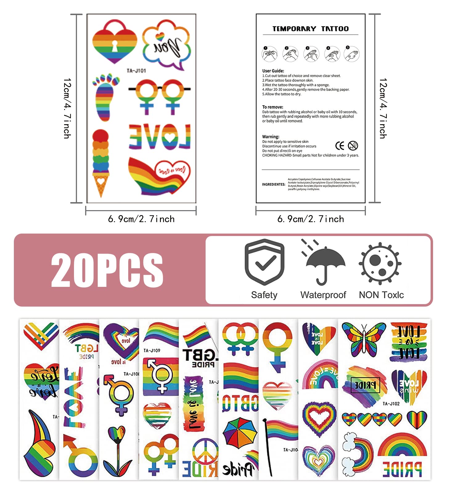 200+ Pcs Pride Tattoos,Gay Pride Tattoos, 20 Sheets Pride Temporary Tattoos, Waterproof Rainbow Flag Tattoo Stickers for Pride Equality Parades and Celebrations