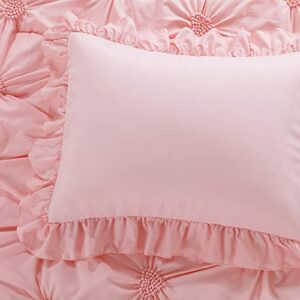HOMBYS 4 Pieces Pink Princess Toddler Bedding Set for Girls Kids, Ultra Soft Blush Pinch Pleat Comforter Set with Ruffles for All Season