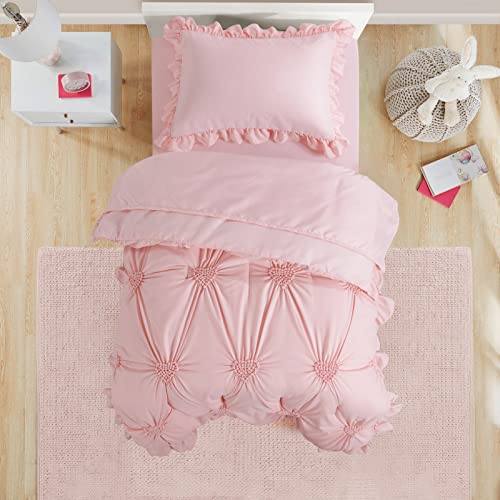 HOMBYS 4 Pieces Pink Princess Toddler Bedding Set for Girls Kids, Ultra Soft Blush Pinch Pleat Comforter Set with Ruffles for All Season