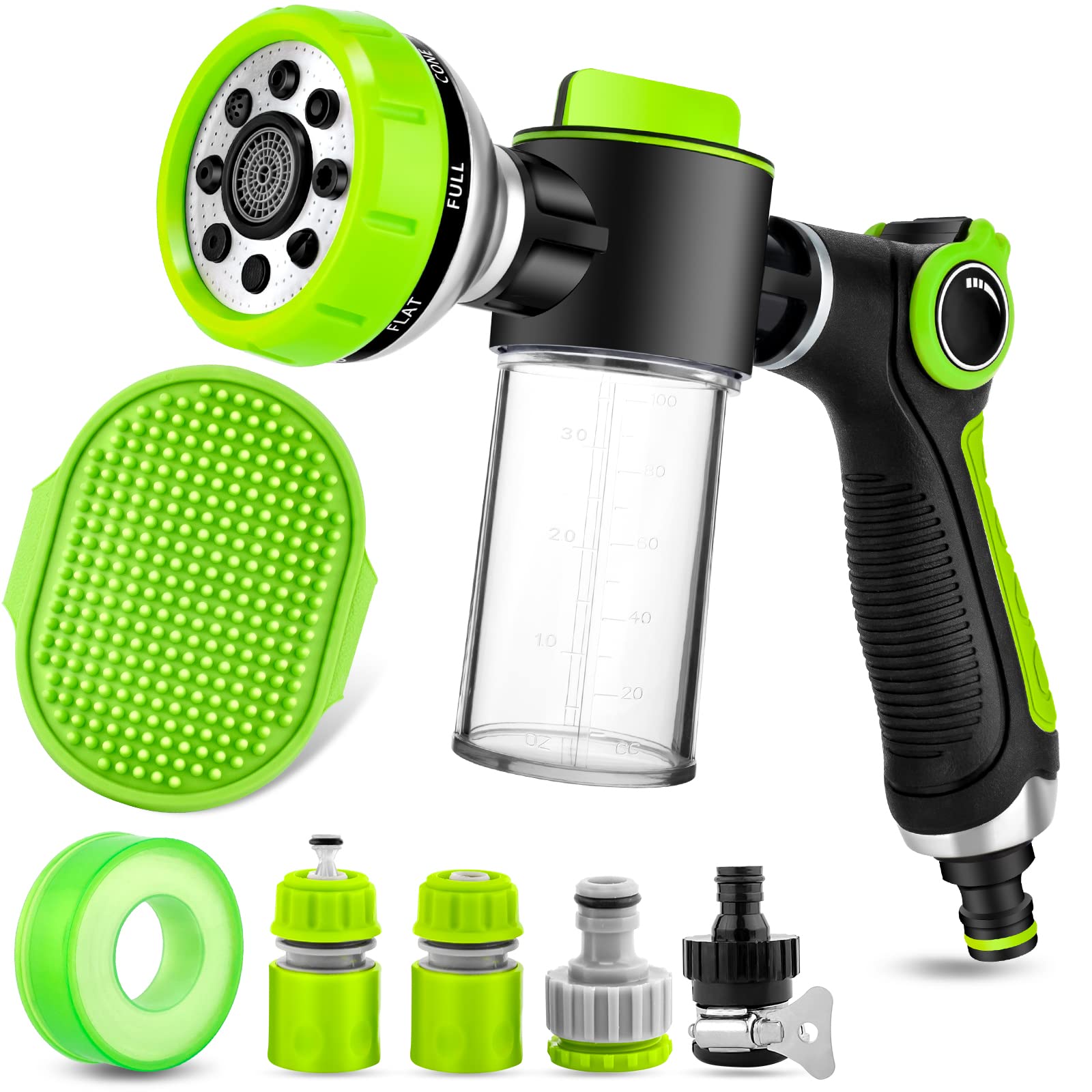 Pup Jet Dog Wash Hose Attachment, 8-in-1 Sprayer Mode Garden Hose Nozzle with Dog Bathing Brush and 100cc Soap Dispenser Bottle, Adopted in Watering Flowers, Car Wash, Dog and Horse Showering (Green)