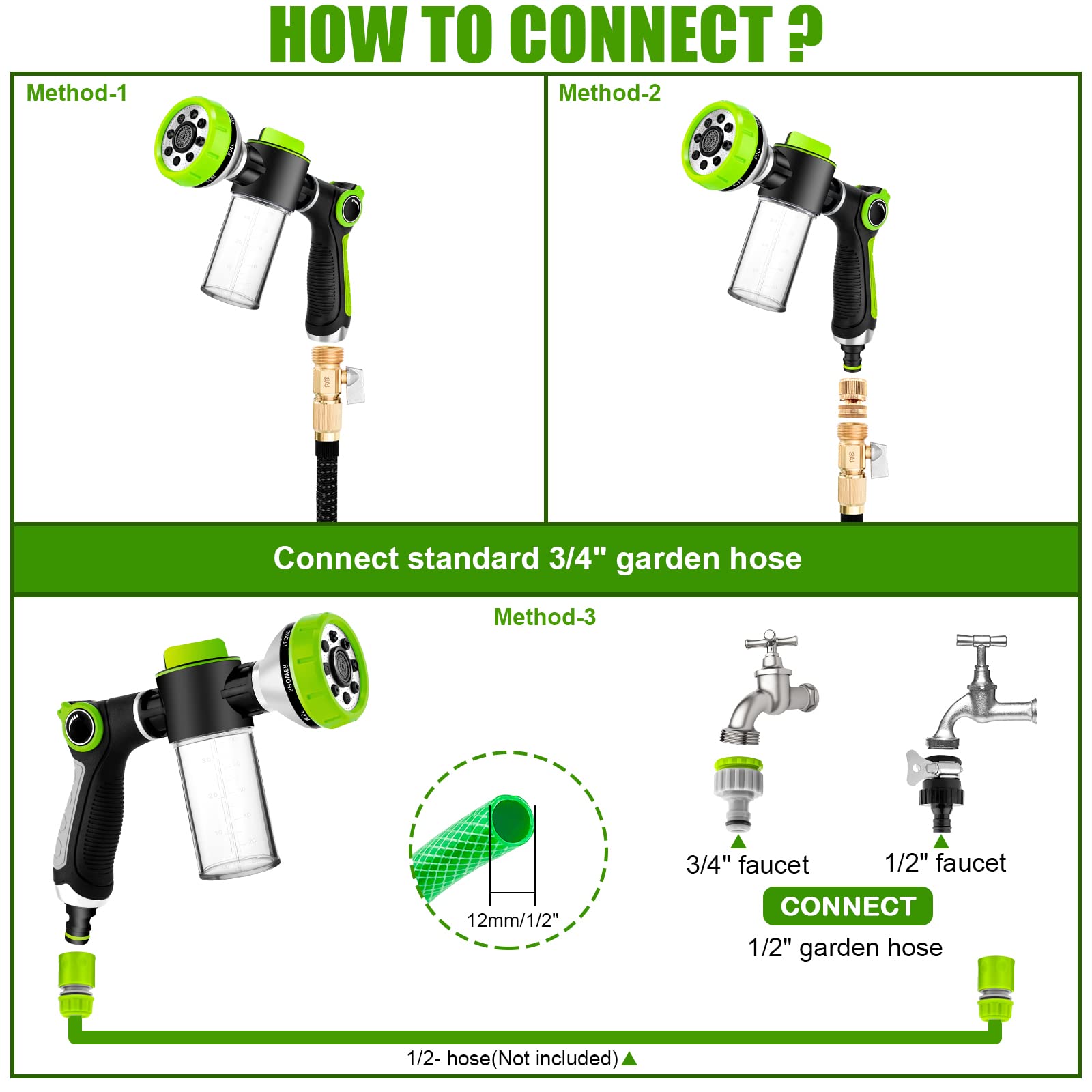 Pup Jet Dog Wash Hose Attachment, 8-in-1 Sprayer Mode Garden Hose Nozzle with Dog Bathing Brush and 100cc Soap Dispenser Bottle, Adopted in Watering Flowers, Car Wash, Dog and Horse Showering (Green)