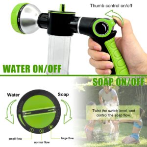 Pup Jet Dog Wash Hose Attachment, 8-in-1 Sprayer Mode Garden Hose Nozzle with Dog Bathing Brush and 100cc Soap Dispenser Bottle, Adopted in Watering Flowers, Car Wash, Dog and Horse Showering (Green)