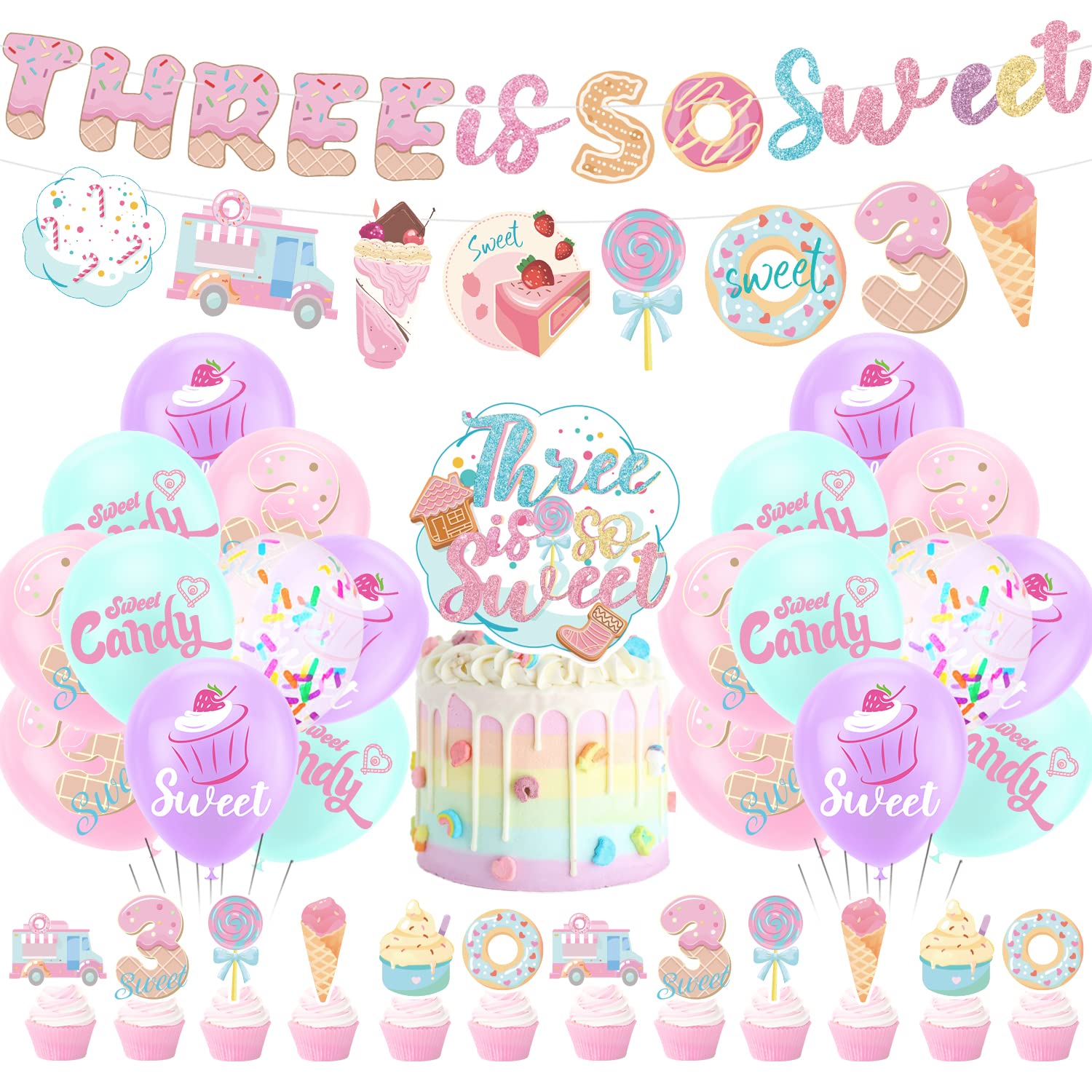 Three is So Sweet Ice Cream Birthday Party Decorations, Three is So Sweet Party Banner Cake Cupcake Toppers Macaron Balloons for Ice Cream/Donut Theme Third Birthday Girls Ice Cream 3rd Birthday Party