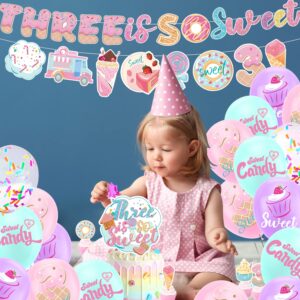 Three is So Sweet Ice Cream Birthday Party Decorations, Three is So Sweet Party Banner Cake Cupcake Toppers Macaron Balloons for Ice Cream/Donut Theme Third Birthday Girls Ice Cream 3rd Birthday Party