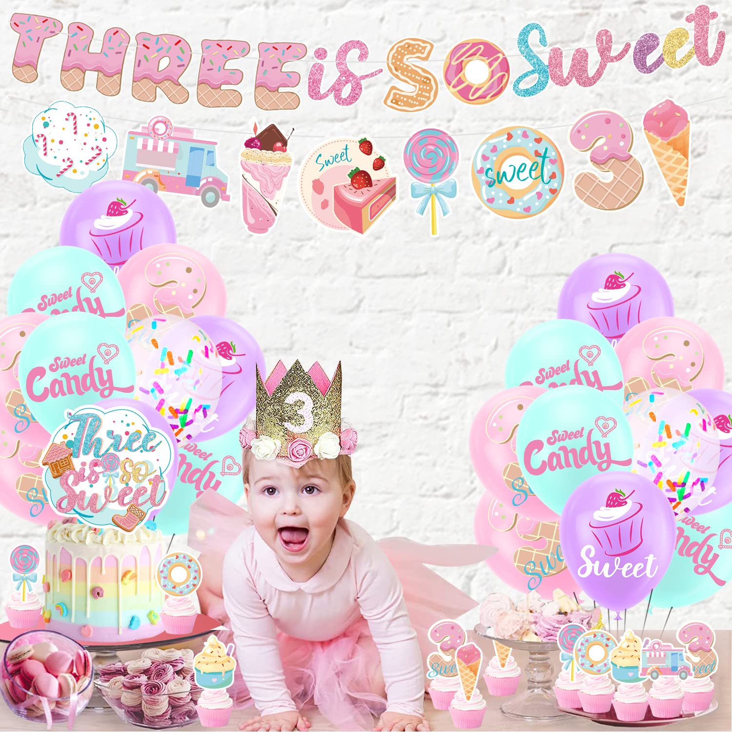 Three is So Sweet Ice Cream Birthday Party Decorations, Three is So Sweet Party Banner Cake Cupcake Toppers Macaron Balloons for Ice Cream/Donut Theme Third Birthday Girls Ice Cream 3rd Birthday Party