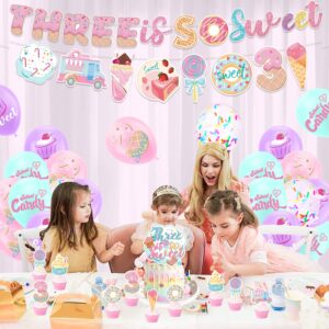 Three is So Sweet Ice Cream Birthday Party Decorations, Three is So Sweet Party Banner Cake Cupcake Toppers Macaron Balloons for Ice Cream/Donut Theme Third Birthday Girls Ice Cream 3rd Birthday Party