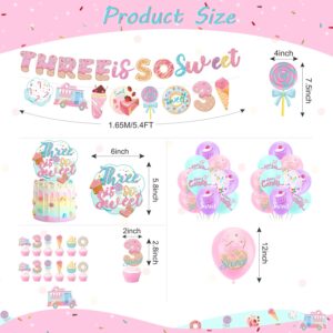 Three is So Sweet Ice Cream Birthday Party Decorations, Three is So Sweet Party Banner Cake Cupcake Toppers Macaron Balloons for Ice Cream/Donut Theme Third Birthday Girls Ice Cream 3rd Birthday Party