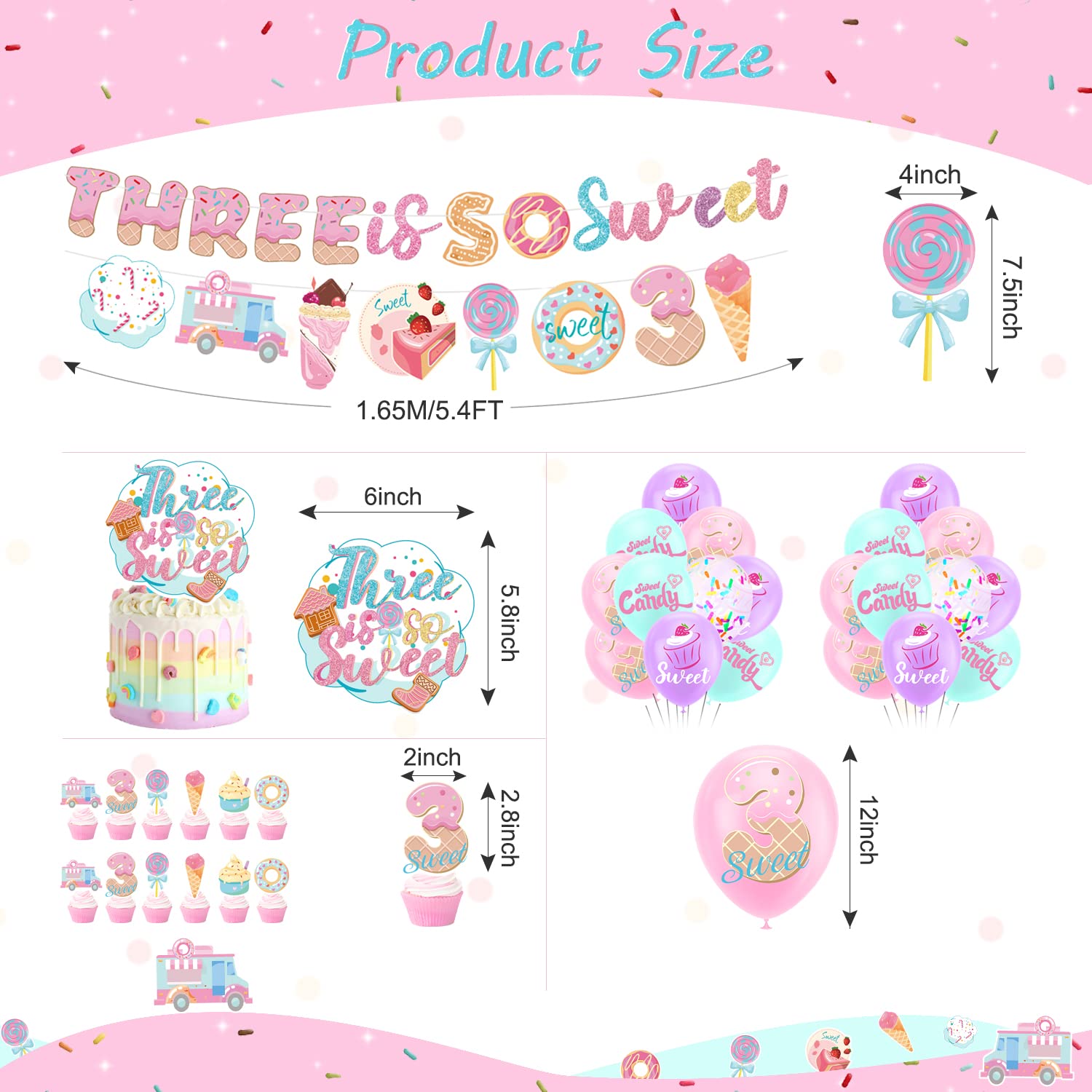 Three is So Sweet Ice Cream Birthday Party Decorations, Three is So Sweet Party Banner Cake Cupcake Toppers Macaron Balloons for Ice Cream/Donut Theme Third Birthday Girls Ice Cream 3rd Birthday Party