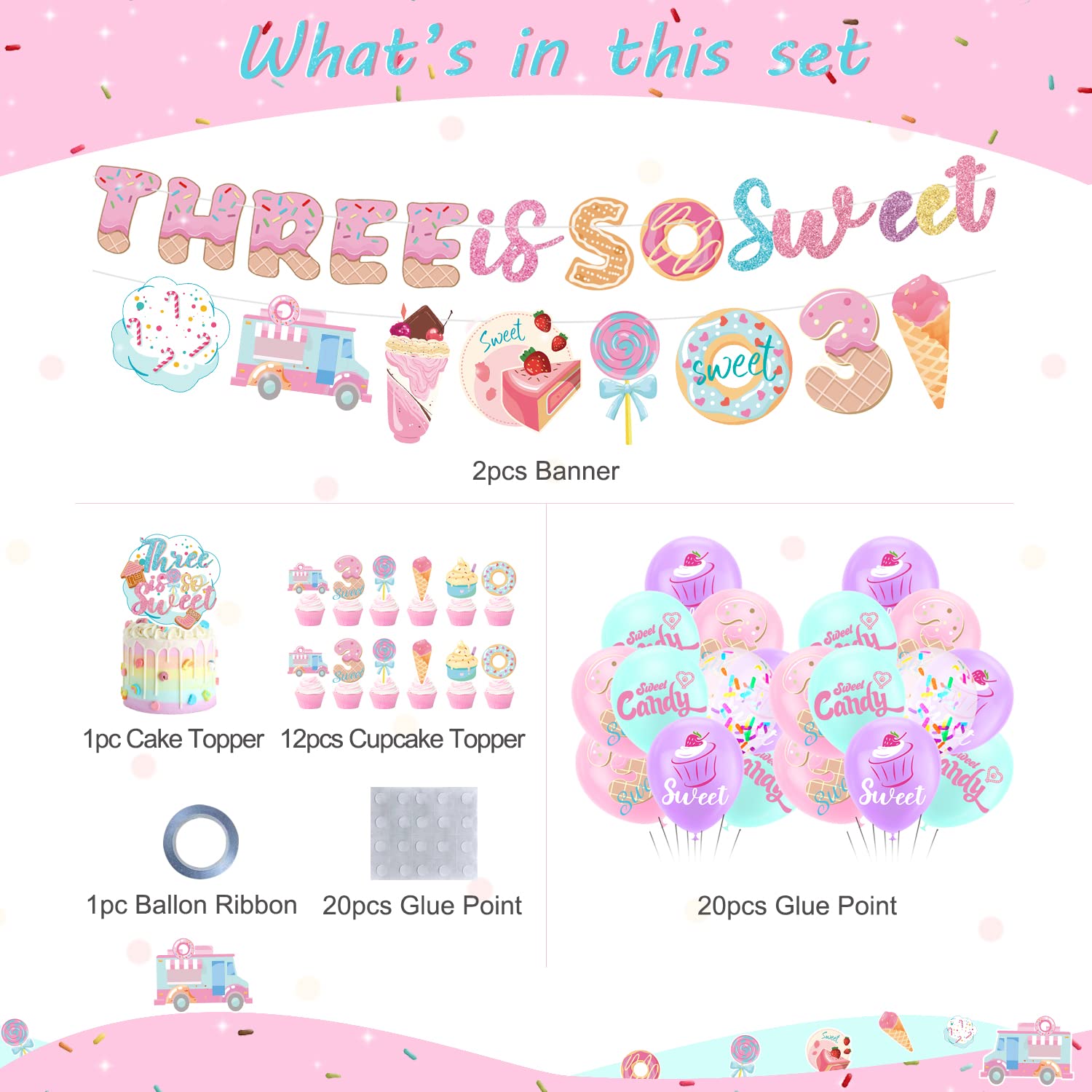 Three is So Sweet Ice Cream Birthday Party Decorations, Three is So Sweet Party Banner Cake Cupcake Toppers Macaron Balloons for Ice Cream/Donut Theme Third Birthday Girls Ice Cream 3rd Birthday Party