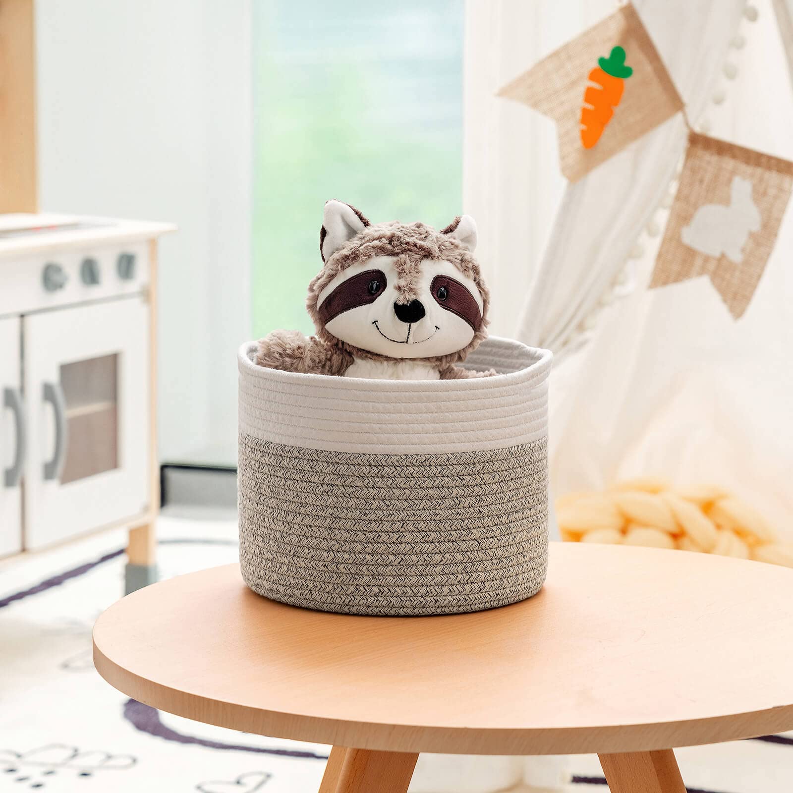INDRESSME Small Woven Storage Basket, 9.4 x 7.1 inches, Small Round Rope Basket with Handles, Dog Toy Basket, Small Laundry Basket for Organizing, Small Toy Basket for Gifts Empty