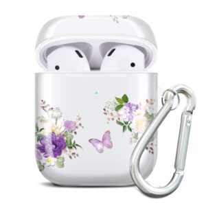 jiaxiufen airpods case clear cover plated glitter flower design cute protective silicone tpu skin accessories for women girl with keychain for airpods 2 & 1 charging case, purple butterfly