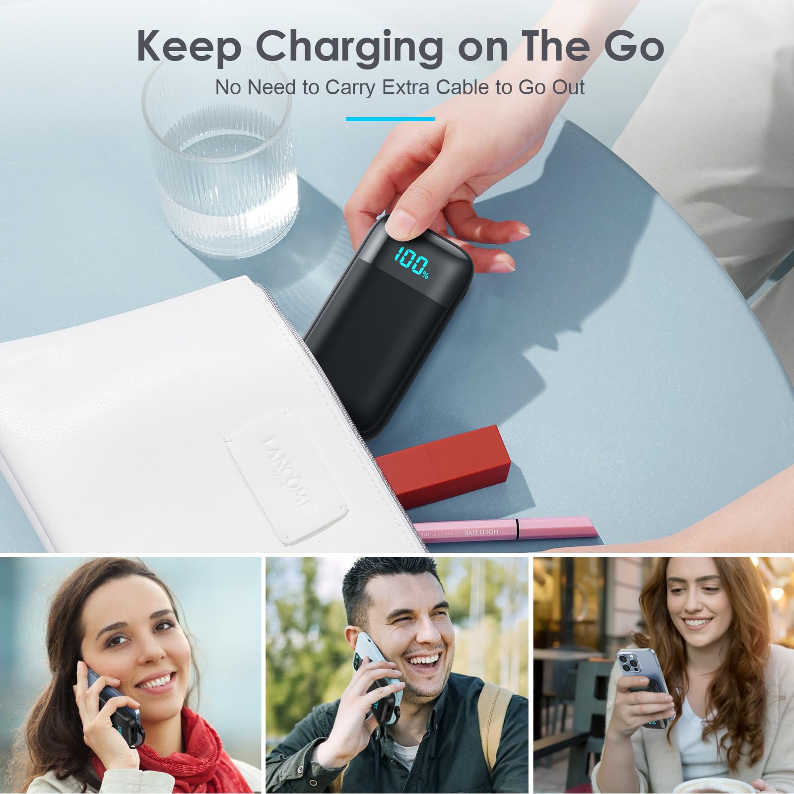 Portable Charger with Built in Cables, Ultra-Compact 13800mAh PD Fast Charging USB C Power Bank, 4 Output LCD Display Battery Pack Compatible with iPhone 15/14/13/12/11 Series, Samsung Android Phones