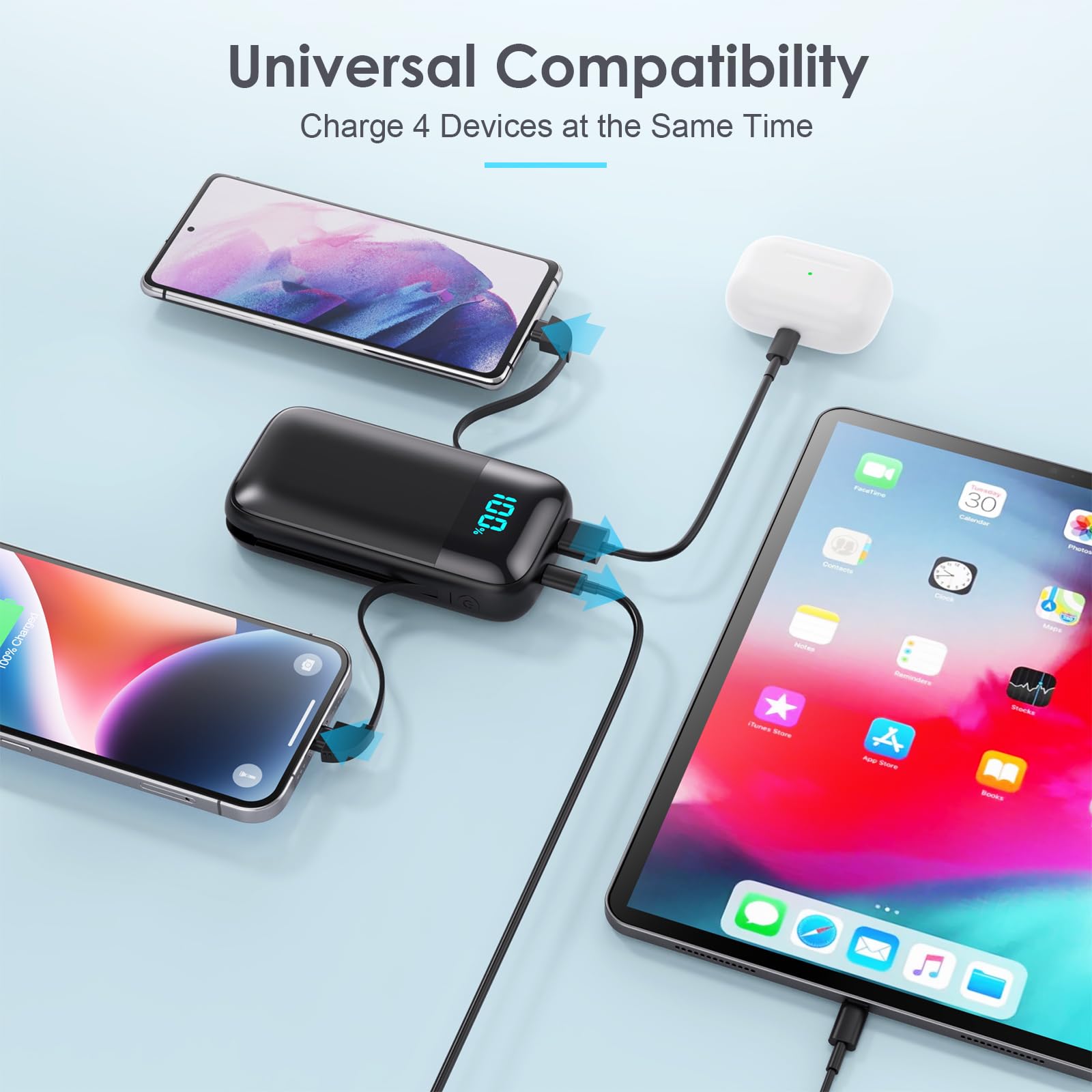 Portable Charger with Built in Cables, Ultra-Compact 13800mAh PD Fast Charging USB C Power Bank, 4 Output LCD Display Battery Pack Compatible with iPhone 15/14/13/12/11 Series, Samsung Android Phones