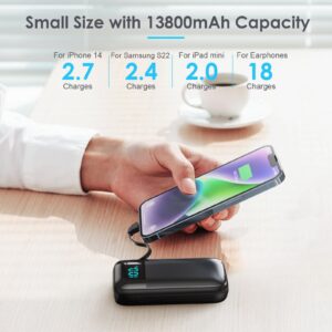 Portable Charger with Built in Cables, Ultra-Compact 13800mAh PD Fast Charging USB C Power Bank, 4 Output LCD Display Battery Pack Compatible with iPhone 15/14/13/12/11 Series, Samsung Android Phones