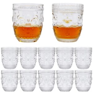qappda vintage drinking glasses set of 12,embossed romantic water glasses 10 ounce,clear 300ml textured juice glasses daily glassware for iced coffee,milk,mixed beverage