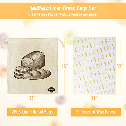 2PCS Linen Bread Bags, 13 x 15" Premium Art Design Natural Linen Bags Reusable Food Storage Bags with 5 Wax Paper for Homemade Artisan Bread, Gift Ideal for Bakers