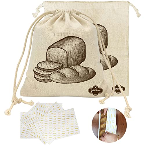 2PCS Linen Bread Bags, 13 x 15" Premium Art Design Natural Linen Bags Reusable Food Storage Bags with 5 Wax Paper for Homemade Artisan Bread, Gift Ideal for Bakers