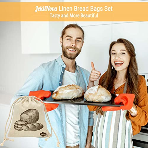 2PCS Linen Bread Bags, 13 x 15" Premium Art Design Natural Linen Bags Reusable Food Storage Bags with 5 Wax Paper for Homemade Artisan Bread, Gift Ideal for Bakers