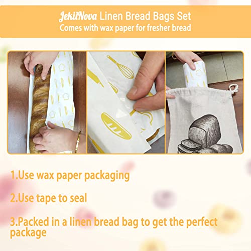 2PCS Linen Bread Bags, 13 x 15" Premium Art Design Natural Linen Bags Reusable Food Storage Bags with 5 Wax Paper for Homemade Artisan Bread, Gift Ideal for Bakers