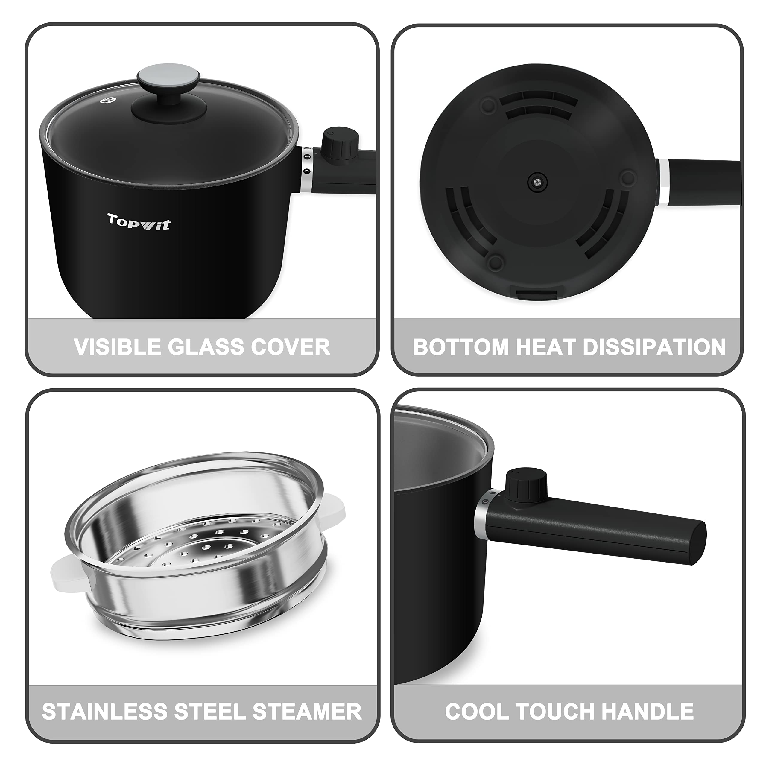 Topwit Hot Pot Electric with Steamer, 1.5L Ramen Cooker, Non-Stick Frying Pan, Electric Pot for Pasta, BPA Free, Electric Cooker with Dual Power Control, Over-Heating & Boil Dry Protection, Black