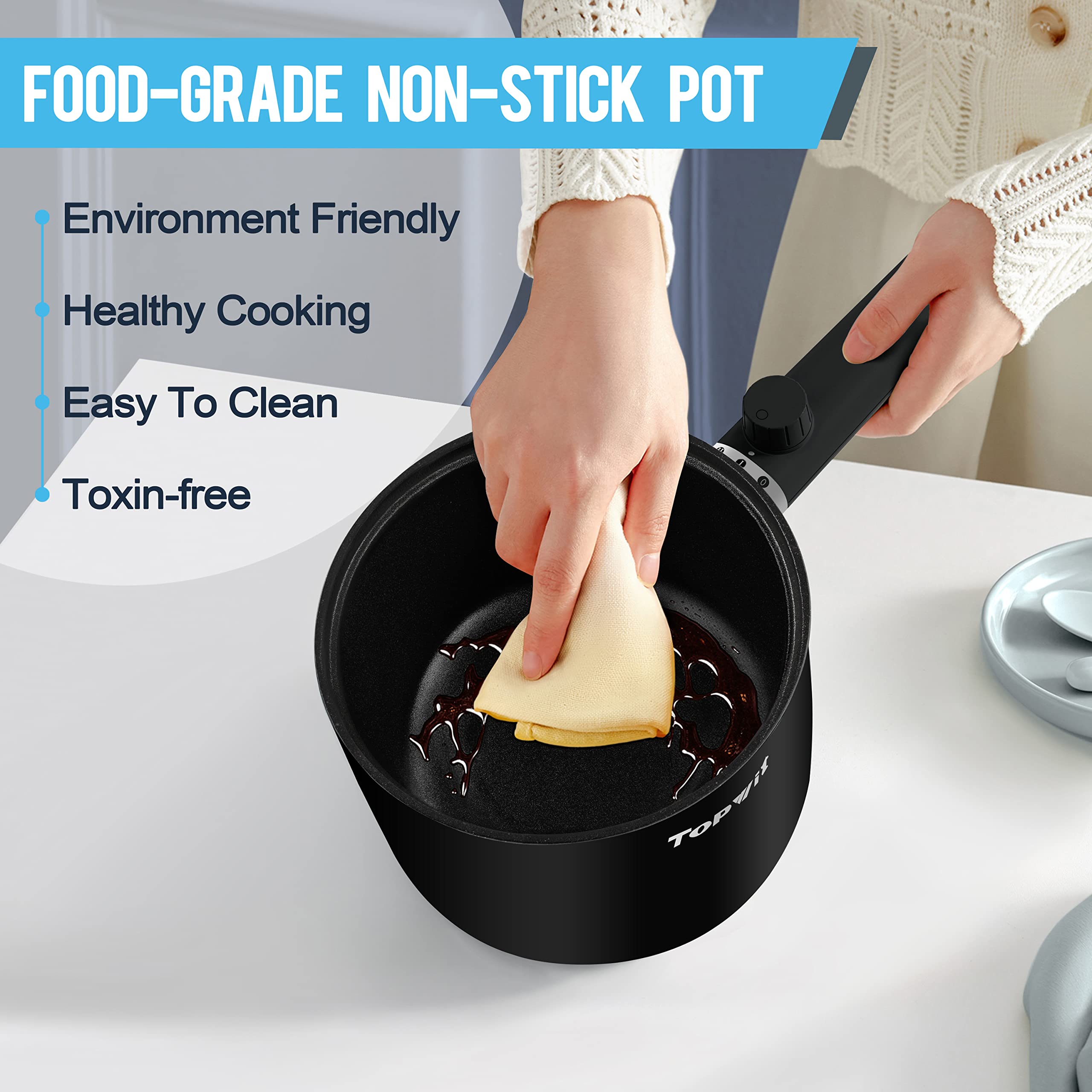 Topwit Hot Pot Electric with Steamer, 1.5L Ramen Cooker, Non-Stick Frying Pan, Electric Pot for Pasta, BPA Free, Electric Cooker with Dual Power Control, Over-Heating & Boil Dry Protection, Black