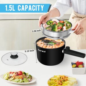 Topwit Hot Pot Electric with Steamer, 1.5L Ramen Cooker, Non-Stick Frying Pan, Electric Pot for Pasta, BPA Free, Electric Cooker with Dual Power Control, Over-Heating & Boil Dry Protection, Black