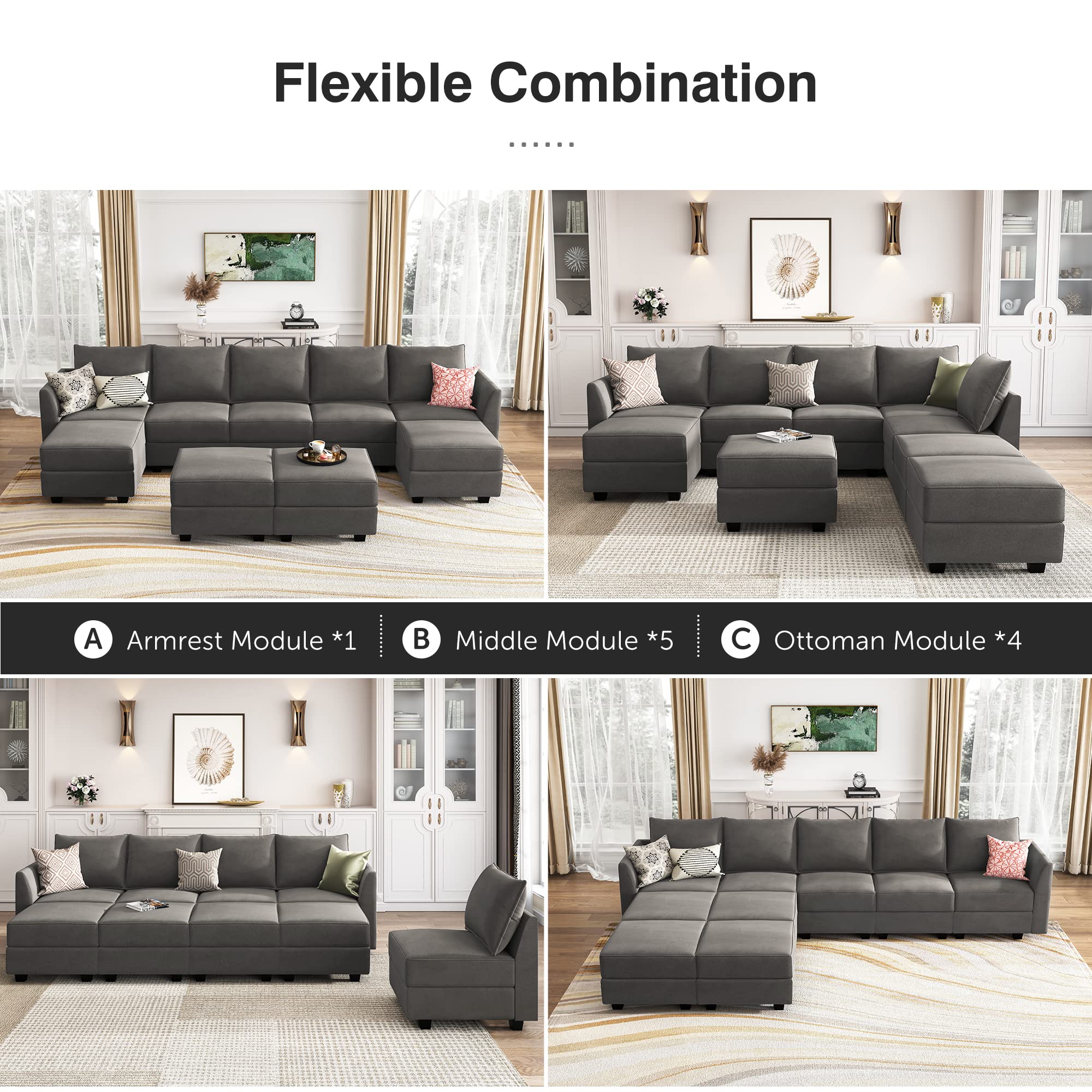 HONBAY Ottoman Module for Modular Sectional Sofa, Storage Ottoman Square Ottoman Bench for Living Room, Velvet Grey