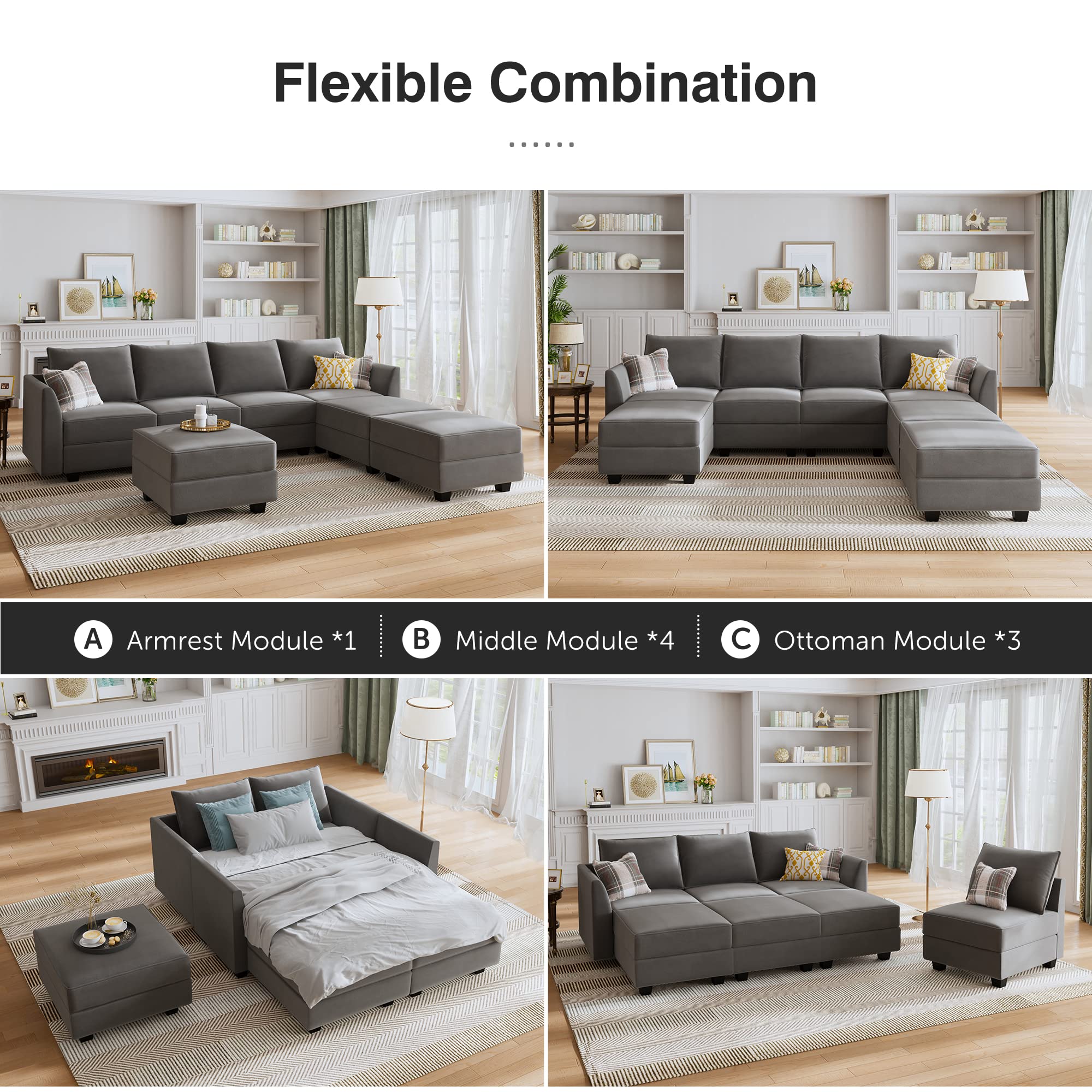 HONBAY Ottoman Module for Modular Sectional Sofa, Storage Ottoman Square Ottoman Bench for Living Room, Velvet Grey