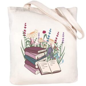 haukea book cute canvas tote bag with inner pockets aesthetic flower tote bags graphic reusable tote bag for women teacher mother gifts tote