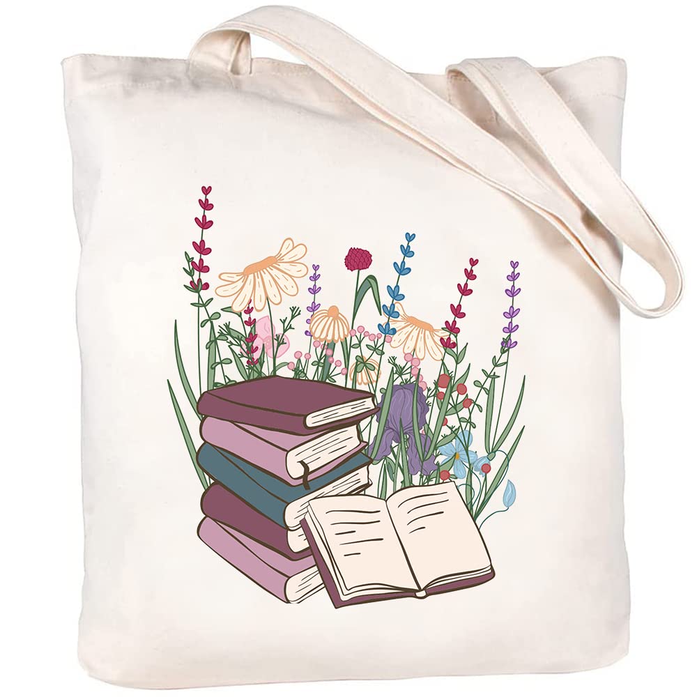 Haukea Book Cute Canvas Tote Bag with Inner Pockets Aesthetic Flower Tote Bags Graphic Reusable Tote Bag for Women Teacher Mother Gifts Tote