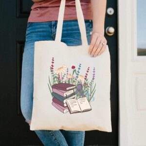 Haukea Book Cute Canvas Tote Bag with Inner Pockets Aesthetic Flower Tote Bags Graphic Reusable Tote Bag for Women Teacher Mother Gifts Tote