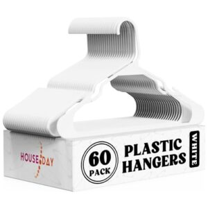 house day white plastic hangers 60 pack, plastic clothes hangers space saving, sturdy clothing notched hangers, heavy duty coat hangers for closet, laundry hangers for adult coat, suit, shirt, dress