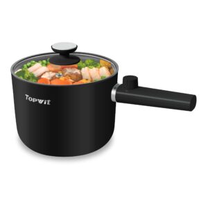 topwit hot pot electric, 1.5l ramen cooker, portable non-stick frying pan, electric pot for pasta, steak, bpa free, electric cooker with dual power control, over-heating & boil dry protection, black