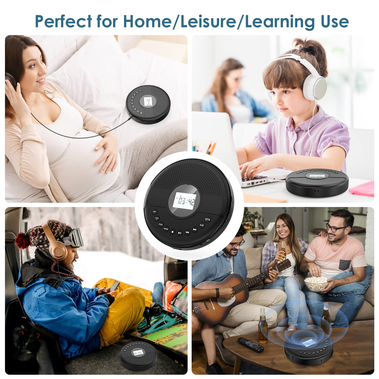 Fohil CD Player Portable, Bluetooth CD Player with Dual Speaker, Discman Rechargeable 1500 mAh Walkman CD Player with Headphone AUX Cable for Car, Anti-Skip Protection Personal CD Player LCD Display