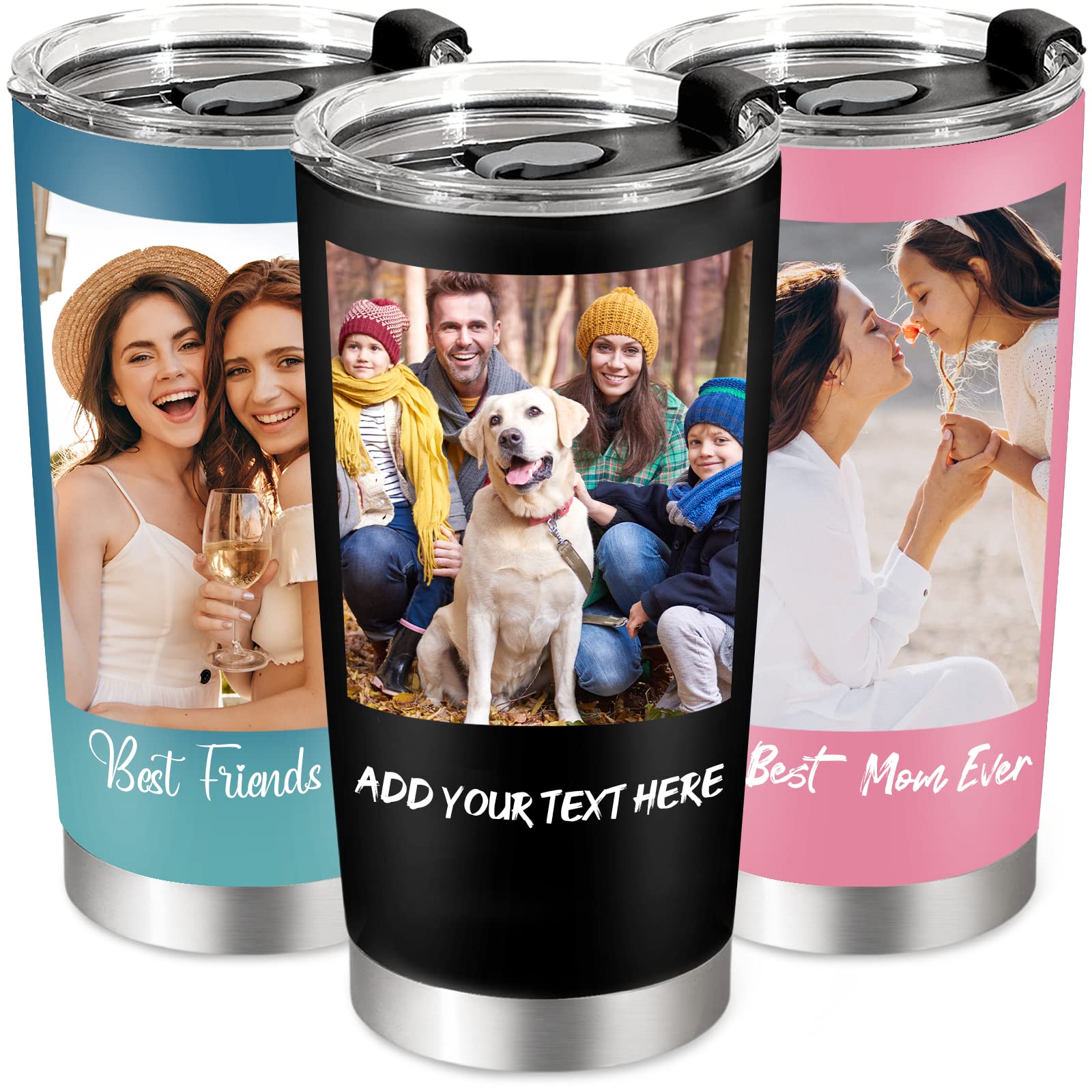 Personalized Coffee Tumbler with Picture Text, Custom 20oz Insulated Stainless Steel Travel Tumbler with Lids, Personalized Travel Mug - Birthday Mothers Day Gifts for Women Men