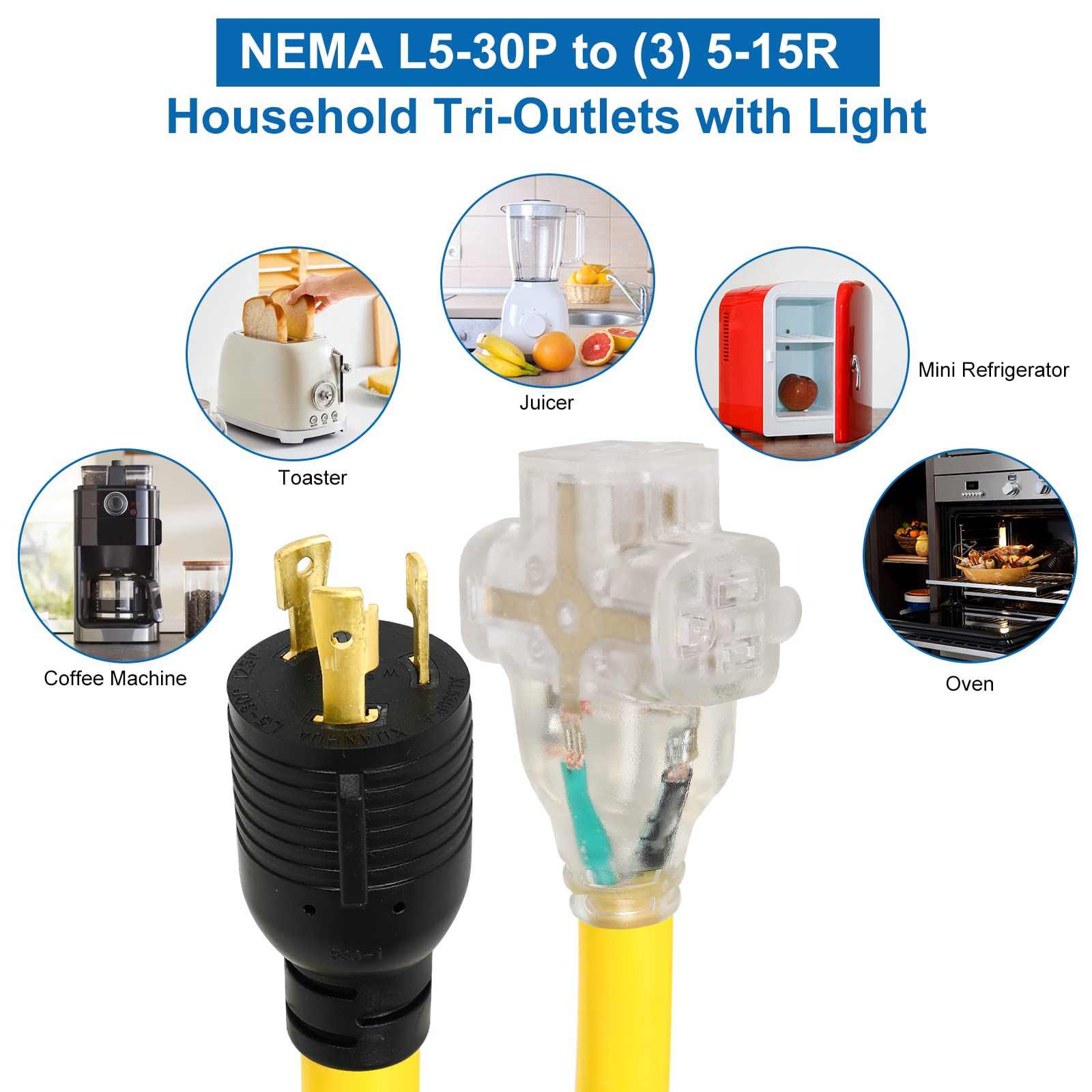 3FT NEMA L5-30P to (3) 5-15R, ZDHQLHJ Generator Power Extension Cord with LED Power Indicator, Heavy Duty 3 Prong 30 Amp L5-30P Male to 15 Amp 5-15R Female
