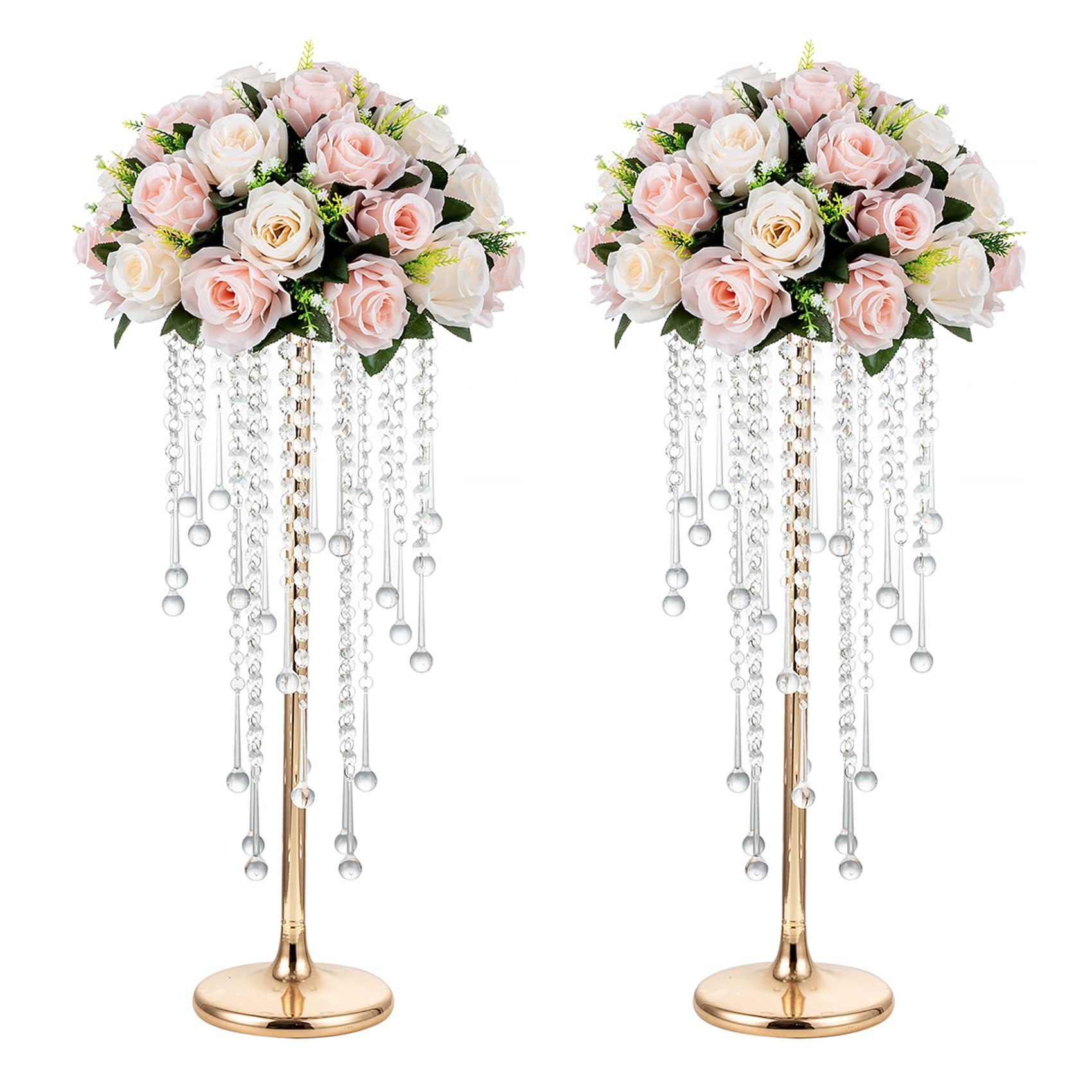 NUPTIO Wedding Centerpieces Gold Vases: 2 Pcs 21.7in Tall Crystal Flower Vase Metal Flowers Stand for Party Tables Decorations - Elegant Bulk Weddings Decoration Table Chandelier Centerpiece Stands