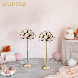 NUPTIO Wedding Centerpieces Gold Vases: 2 Pcs 21.7in Tall Crystal Flower Vase Metal Flowers Stand for Party Tables Decorations - Elegant Bulk Weddings Decoration Table Chandelier Centerpiece Stands