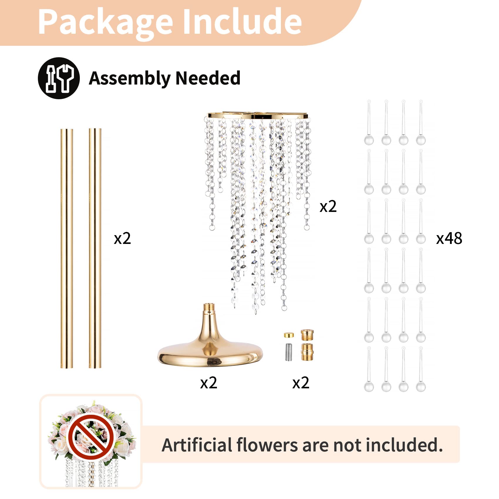 NUPTIO Wedding Centerpieces Gold Vases: 2 Pcs 21.7in Tall Crystal Flower Vase Metal Flowers Stand for Party Tables Decorations - Elegant Bulk Weddings Decoration Table Chandelier Centerpiece Stands