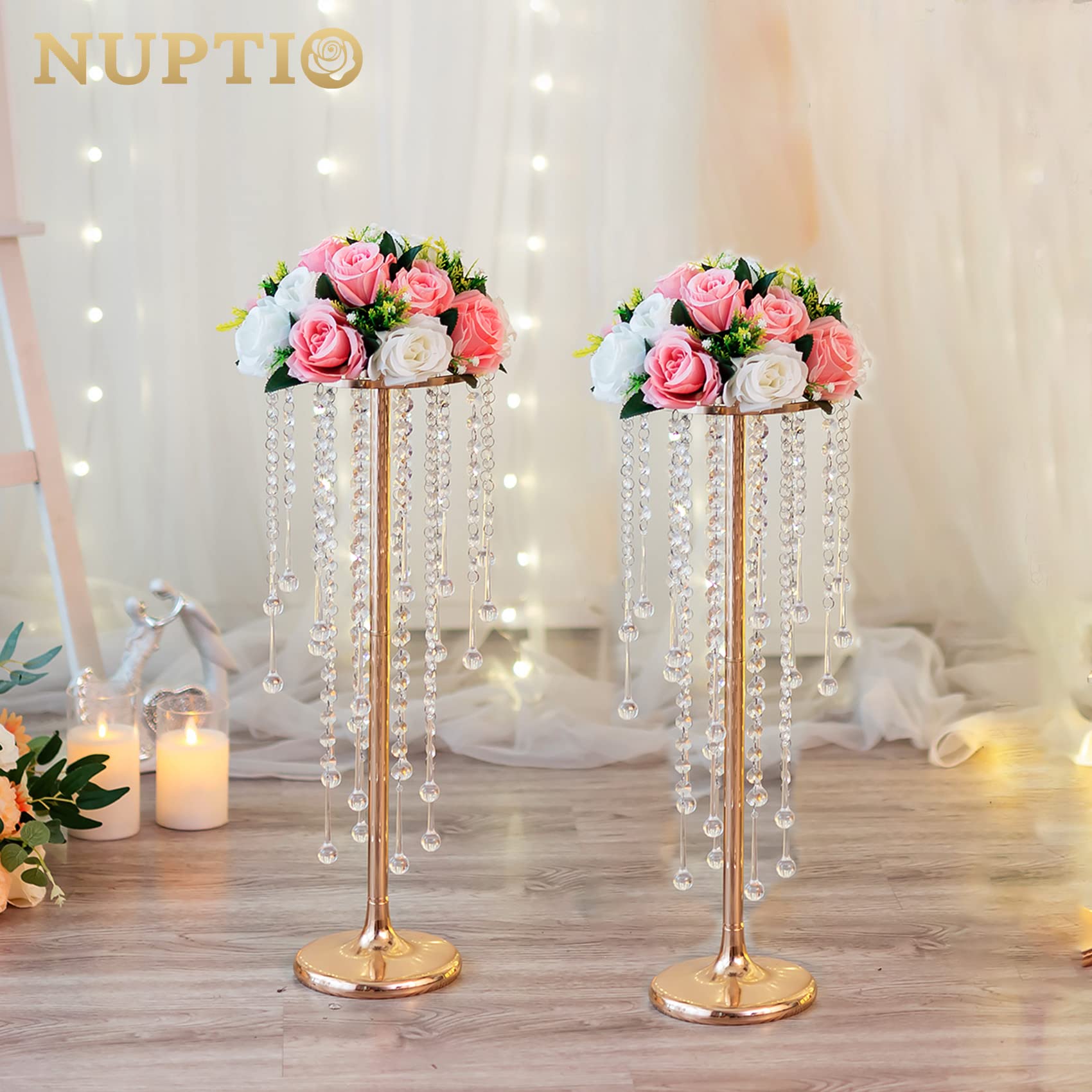 NUPTIO Wedding Centerpieces Gold Vases: 2 Pcs 21.7in Tall Crystal Flower Vase Metal Flowers Stand for Party Tables Decorations - Elegant Bulk Weddings Decoration Table Chandelier Centerpiece Stands