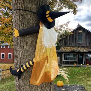 giiffu 53" crashing witch into tree halloween outdoor decorations, flying witch halloween outside decor tree front yard patio porch garden for kids home party decoration(orange)