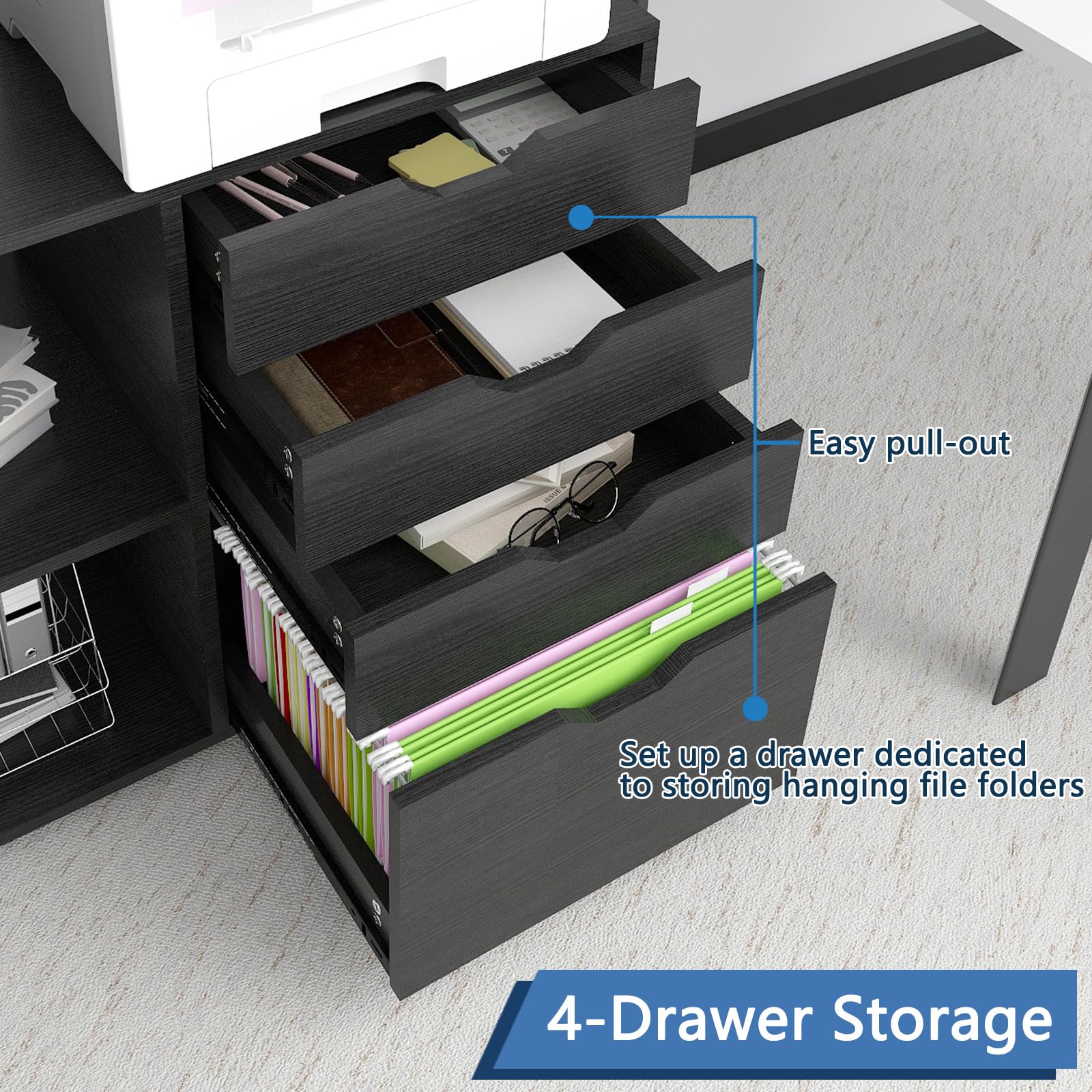 PUNCIA Office Lateral File Storage Cabinet with Paper Shredder Stand On Wheel Large Lateral Filing Cabinet with Drawers Filing Cabinet Organizer Printer Stand with Storage for Home Office