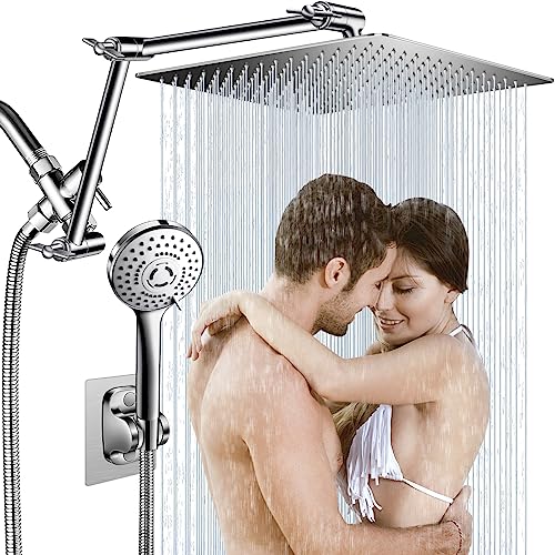 12'' Rain Shower Head Combo, High Pressure Rainfall Shower Head with 16'' Flexible Adjustment of Height/Angle Upgraded Extension Arm and 5 Setting Spray Handheld Shower Head, Anti-leak (Chrome)