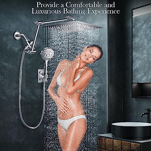 12'' Rain Shower Head Combo, High Pressure Rainfall Shower Head with 16'' Flexible Adjustment of Height/Angle Upgraded Extension Arm and 5 Setting Spray Handheld Shower Head, Anti-leak (Chrome)