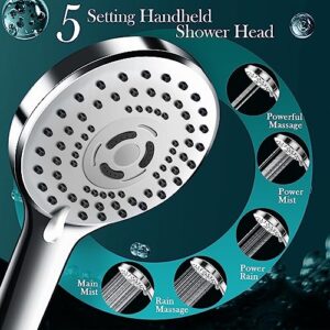 12'' Rain Shower Head Combo, High Pressure Rainfall Shower Head with 16'' Flexible Adjustment of Height/Angle Upgraded Extension Arm and 5 Setting Spray Handheld Shower Head, Anti-leak (Chrome)