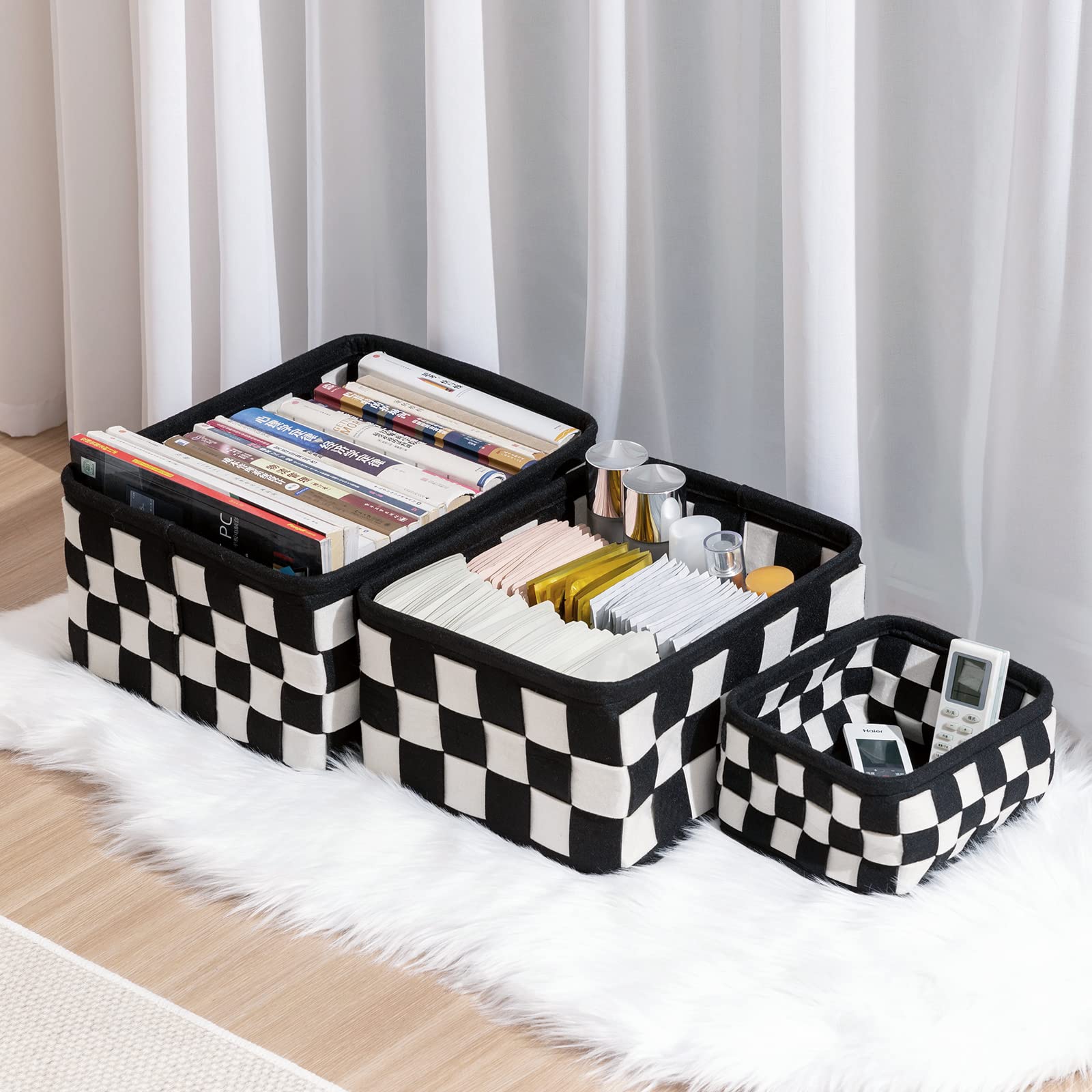 LUFOFOX Storage Basket Set of 3 Thicken Felt Baskets for Organizing Rectangular Decorative Basket Organizer Bins for Books, Clothes, Gifts, Baby Toys, White and Black (Set of 3)