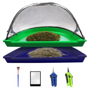 trim-daddy trim tray bin | trimming pollen sieve sifter trimmer trays with 150 micron screen | protective cover | 2 scissors | magnifying glass | pollen brush