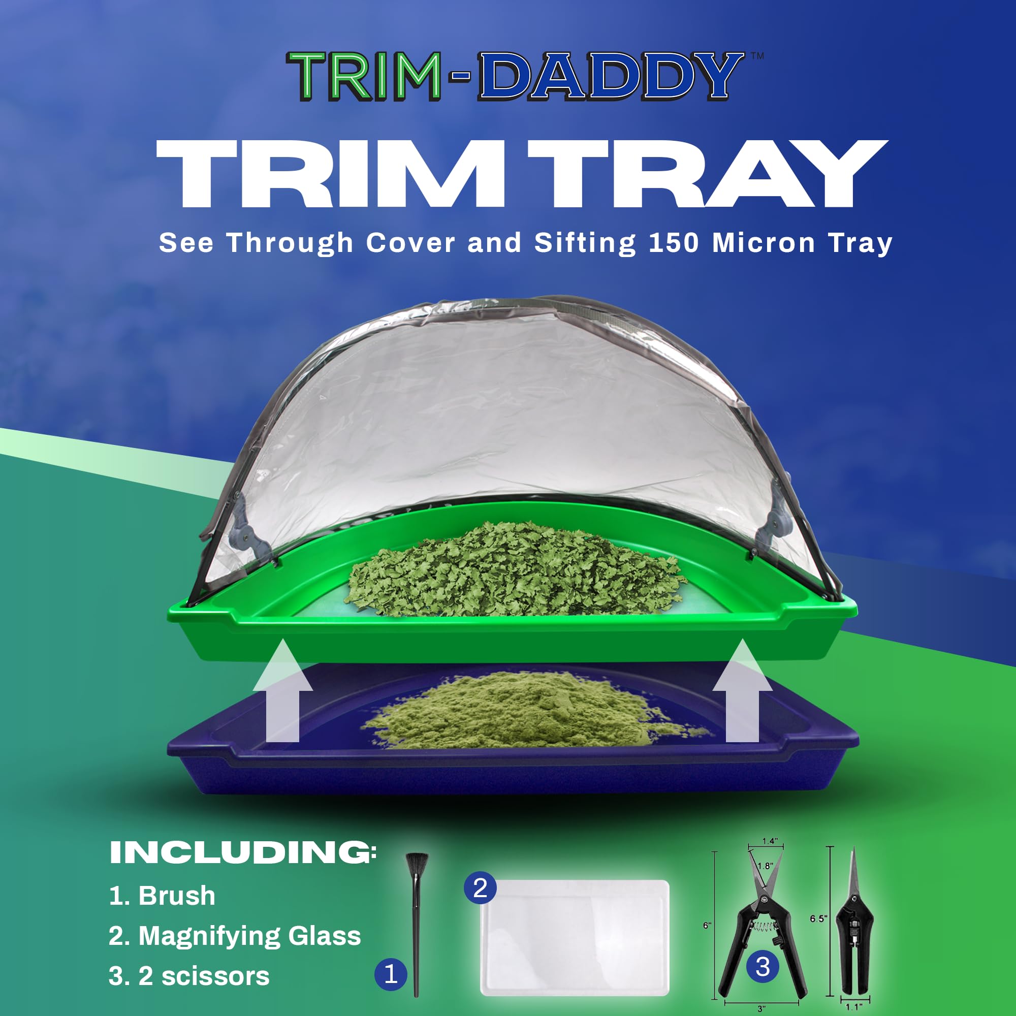 Trim-Daddy Trim Tray Bin | Trimming Pollen Sieve Sifter Trimmer Trays with 150 Micron Screen | Protective Cover | 2 Scissors | Magnifying Glass | Pollen Brush