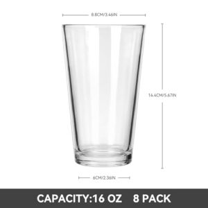 CUCUMI 8pcs 16oz Beer Pint Glasses, Drinking Glasses Set of 8 Highball Glasses Water Cups for Cold Beverages