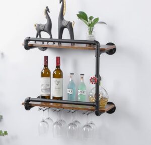 polunca wine rack wall mounted 2 tier, industrial pipe decor, black wine shelf rack with glass holder, perfect for kitchen, bar, restaurant, 23.6x10.6x19.7 inches